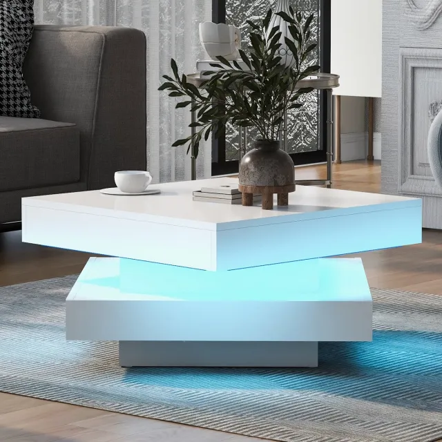 Sweiko Witte vierkante Salontafel, hoogglans, 360°draaiend aanrecht, moderne technologische stijl, met 16-kleur LED verlichting, 70x70x36cm Wit+360° Rotatie