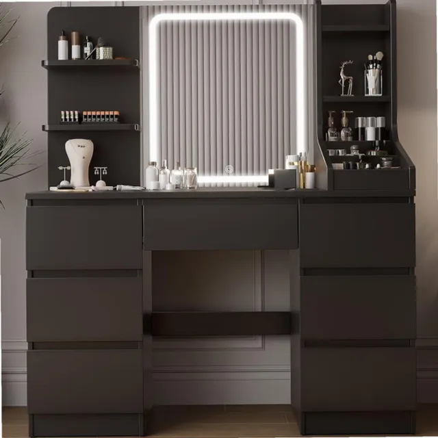 Sierra , Kaptafel met LED Spiegel en Verlichting, instelbare helderheid, make-uptafel met 4 planken en 7 laden, 110 x 40 x 139 cm, moderne make-uptafel met grote opbergruimte (Zwart)