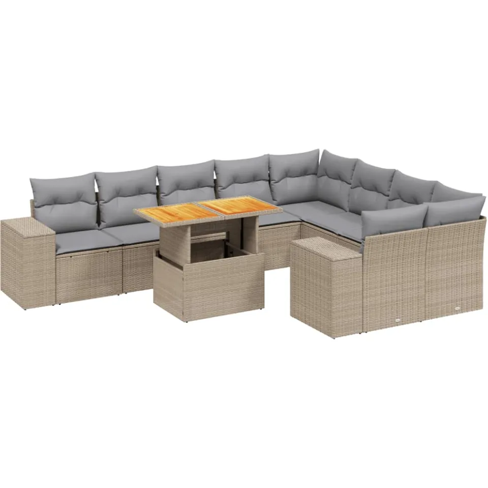 vidaXL 10-delige Loungeset met kussens poly rattan beige, foto 3
