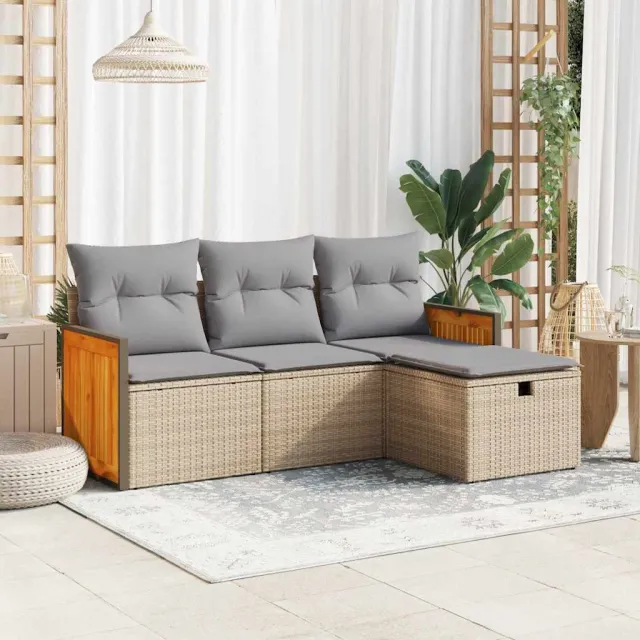 vidaXL 4-delige Loungeset met kussens poly rattan beige, foto 2