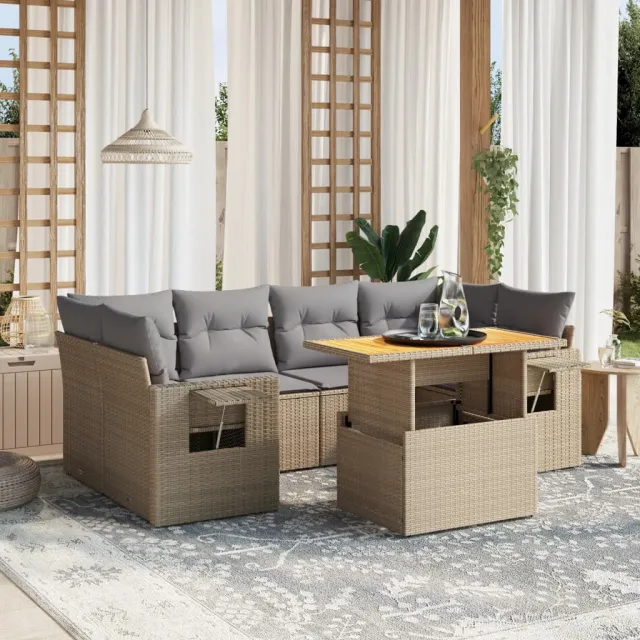 vidaXL 7-delige Loungeset met kussens poly rattan beige, foto 2