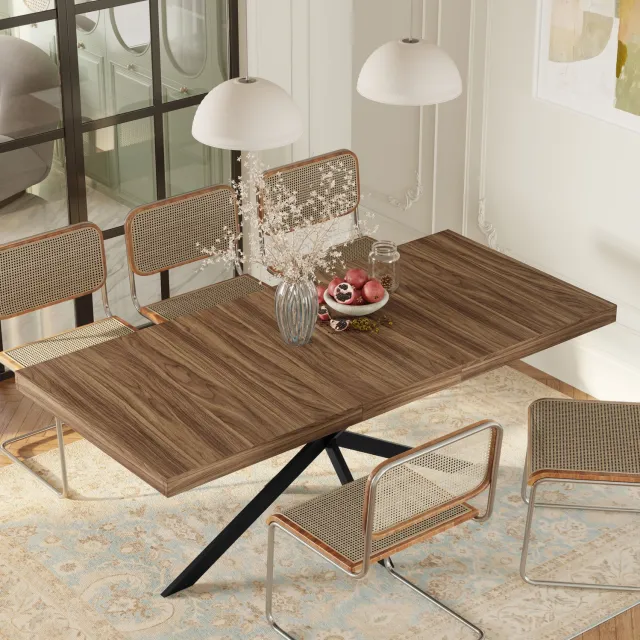FloraGrace Eettafel - Uitschuifbaar met Opbergruimte - voor Eetkamer en Keuken - MDF en Zwart Metaal - 140-180 x 80 x 76 cm - Walnootkleur