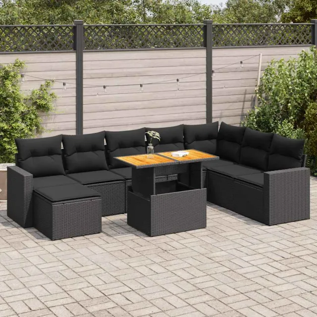vidaXL 9-delige Loungeset met kussens poly rattan zwart, foto 2
