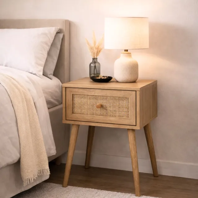 MISOU Nachtkastje met Lade - 39x39x55.4cm - Hout Look Bruin - Rotan - Bedside Table - BALI Beige