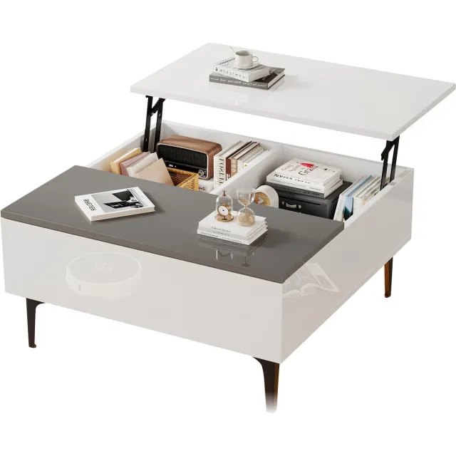 Ropilly Salontafel - Koffietafel - In Hoogte Verstelbaar - Met LED En Opbergruimte - 40kg Draagkracht - Voor Woonkamer - 70x70x35cm - Wit En Grijs