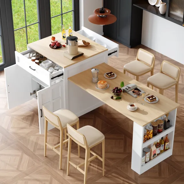 Wishdor Uitschuifbare bartafel - Met opbergruimte en lade - Verstelbaar van 133 tot 202 cm - Voor keuken en eetkamer - Marmerlook en houtlook - Wit - 133-202 x 70 x 93,5 cm