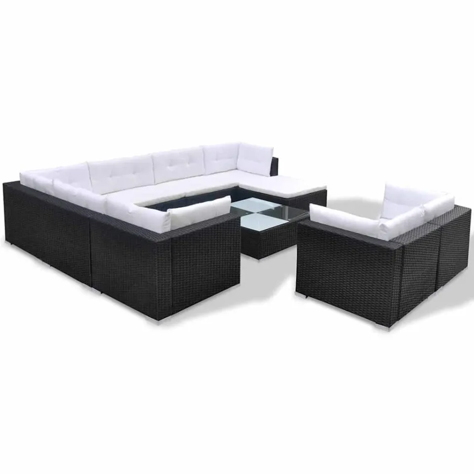 vidaXL 10-delige Loungeset met kussens poly rattan zwart