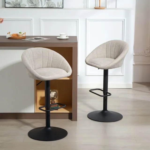 REDOM Barkruk set van 2 - Verstelbare zithoogte 62 tot 82 cm - 360 graden draaibaar - Armleuningen en rugleuning - Stoffen zitting - Beige - 53,5 x 46 x 103 cm