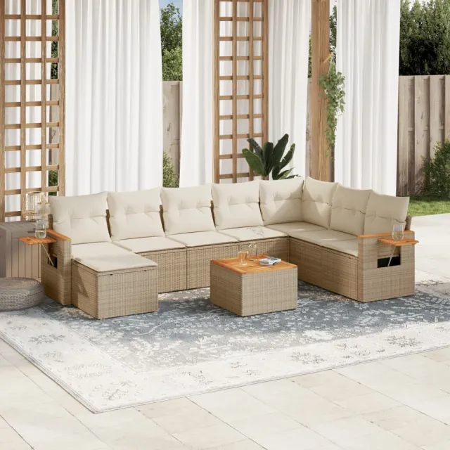vidaXL 9-delige Loungeset met kussens poly rattan beige, foto 2