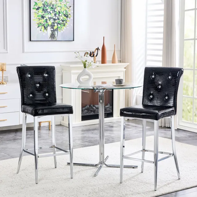 OKWISH Barkruk Set Van 2 – Zwarte Krokodillenlook Met Kristallen Knopen – Hoge Rugleuning En Voetsteun – Voor Keukenbar En Eiland – Kunstleer – Zwart