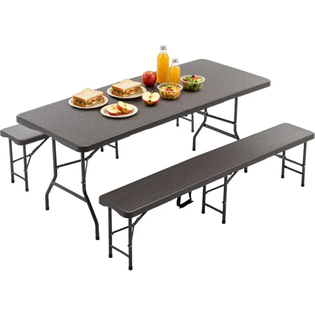 Zubaliya Klapbaar Picknickset 3-delig - 6ft Bruin - HDPE Boommotief - UV & Waterbestendig - Veiligheidsgrendel