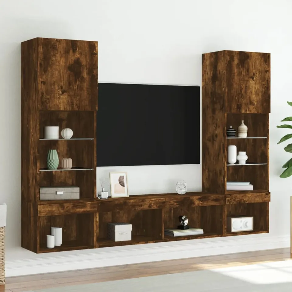 vidaXL 5-delige tv-wandmeubelset met LED bewerkt hout gerookt eiken, foto 3
