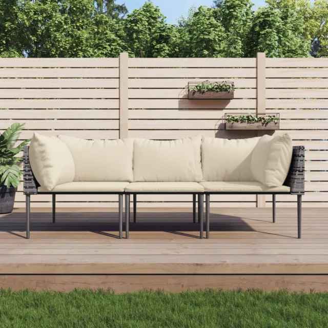 vidaXL 3-delige Loungeset met kussens poly rattan grijs, foto 2