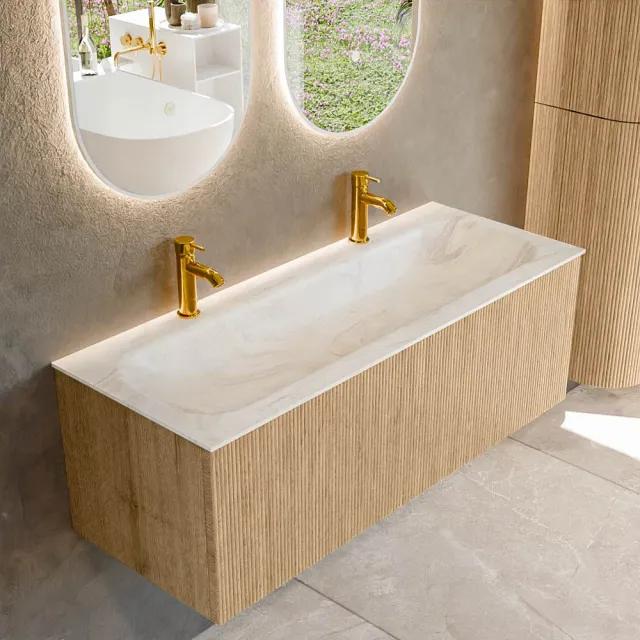 Mondiaz KURVE-DLUX 120 cm Onderkast Greeploos 1 Lade Zonder Deuren Oak, Wastafel Solid Surface Volledig Ostra 2 Kraangaten Zonder Spiegel (KRVBGL1201L0D2KM-Oak/Ost)