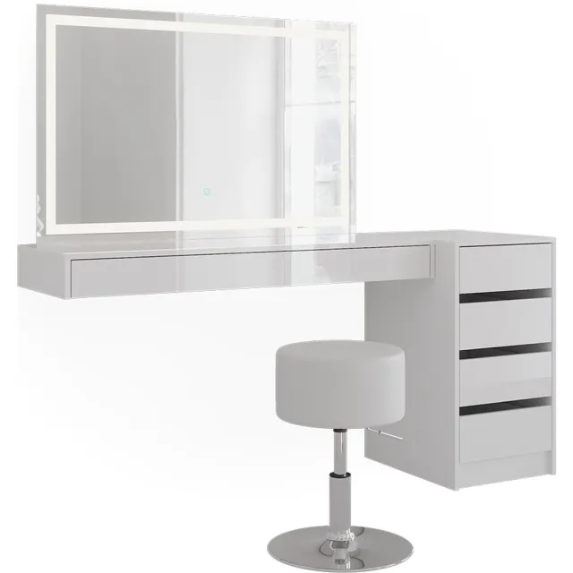 Vicco Kaptafel set met kruk Sherry, Wit, 160.2 cm met LED-spiegel, kruk en ladekast