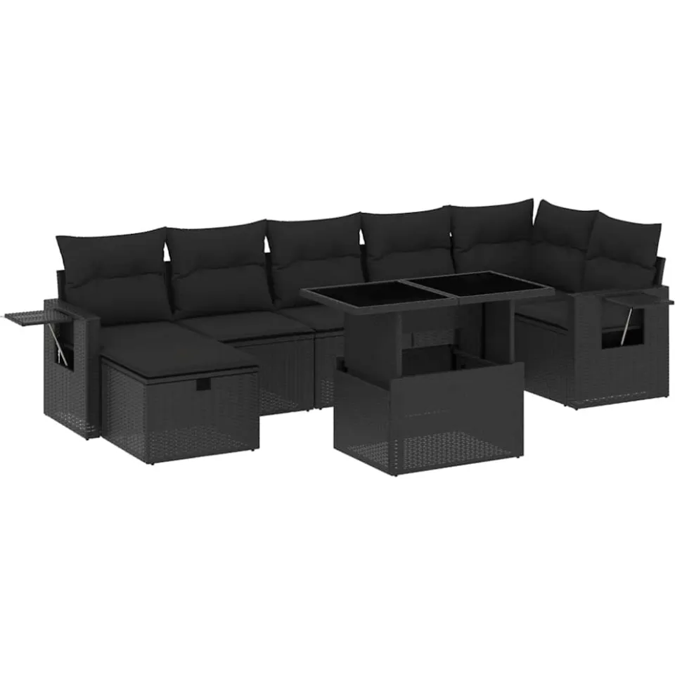 vidaXL 8-delige Loungeset met kussens poly rattan zwart, foto 3