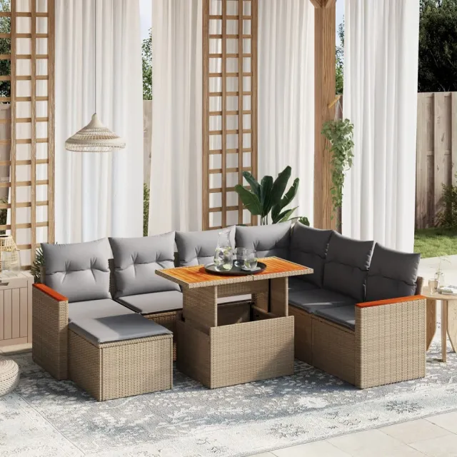 vidaXL 8-delige Loungeset met kussens poly rattan beige, foto 2