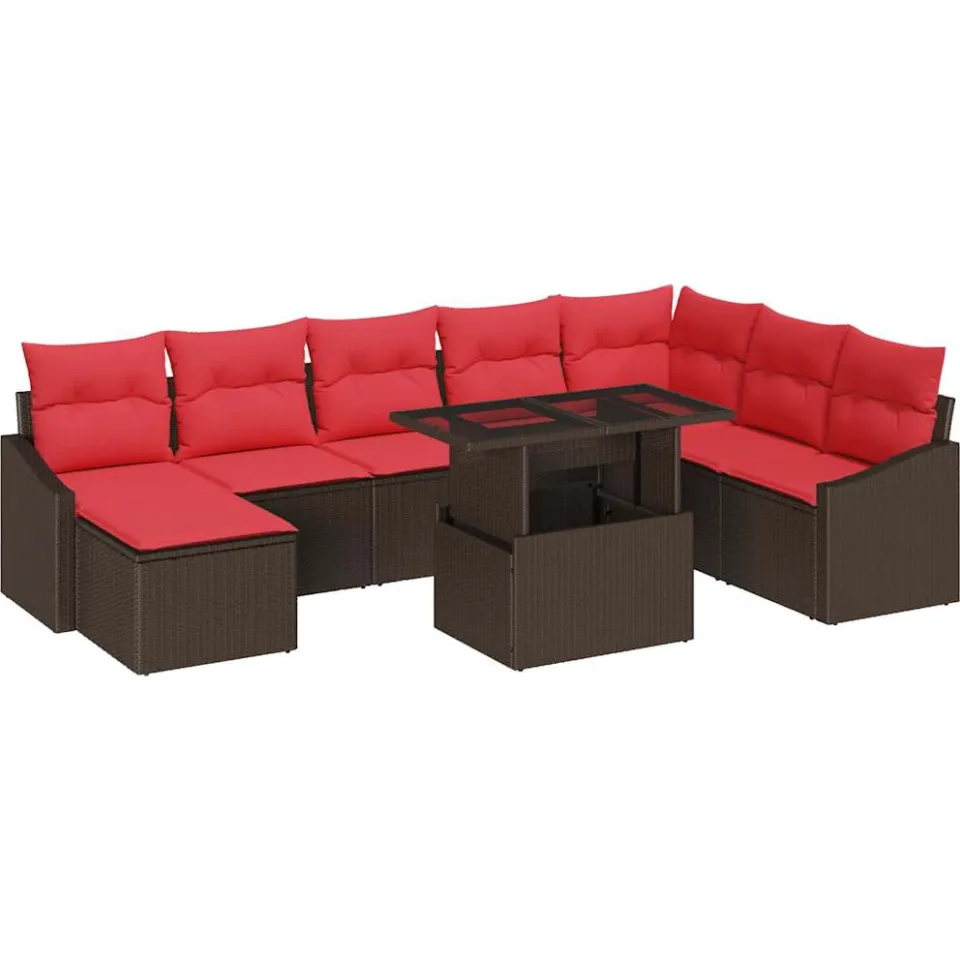 vidaXL Bankstel 9 st Bruin en Rood poly rattan