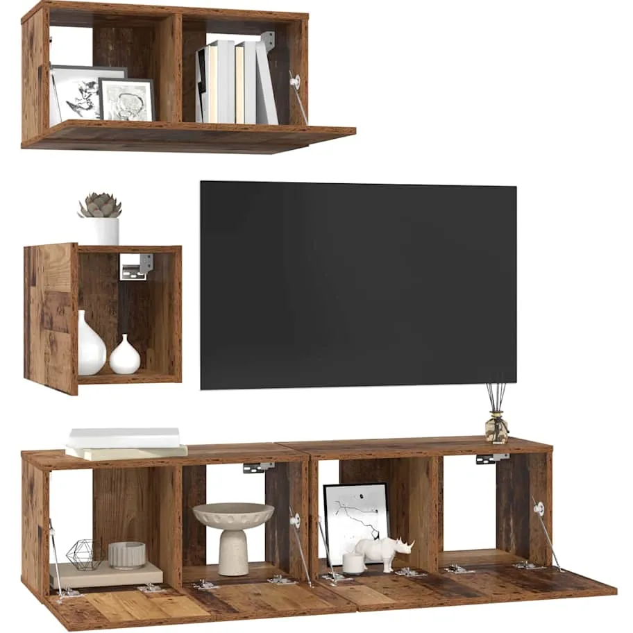 vidaXL Tv-meubelset 4 st Oud Hout Bewerkt hout bruin, foto 3
