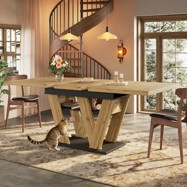 COVREO Eettafel 119-158,5x80x75 cm – naturel en zwart, uitschuifbaar, met opbergvak