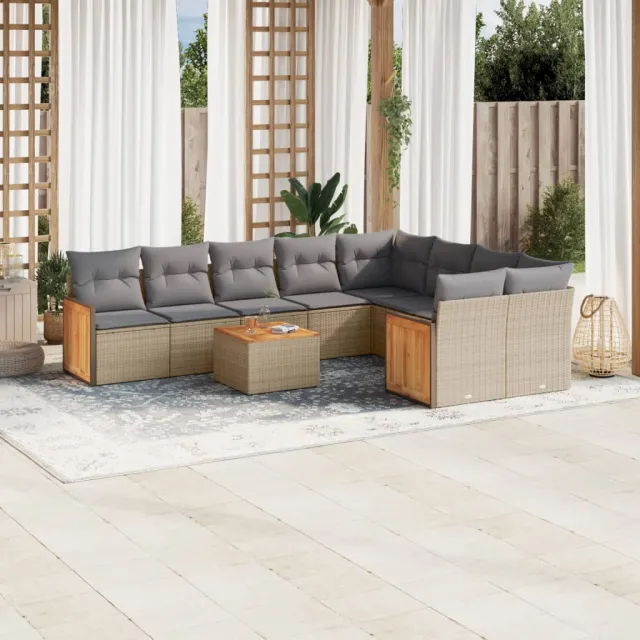vidaXL 10-delige Loungeset met kussens poly rattan beige, foto 2