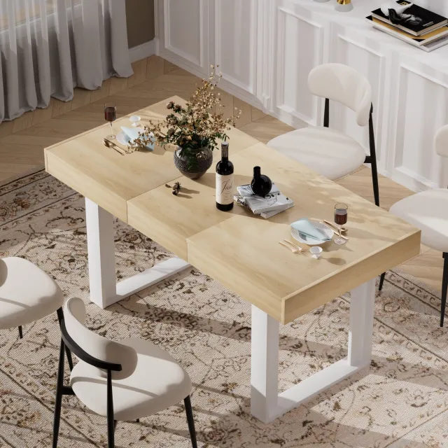 HAUSS SPOLE Uitschuifbare Eettafel - Retro Ontwerp Van 120 Tot 160 Cm - Voor 8 Personen In Keuken En Eetkamer - Spaanplaat - Naturel En Wit Natuurlijk + wit