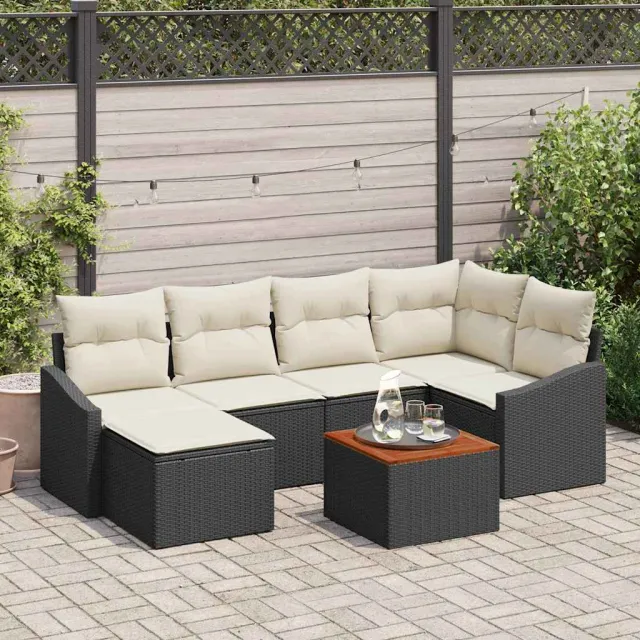 vidaXL Tuinbankenset 7 st Zwart en Crème poly rattan, foto 2