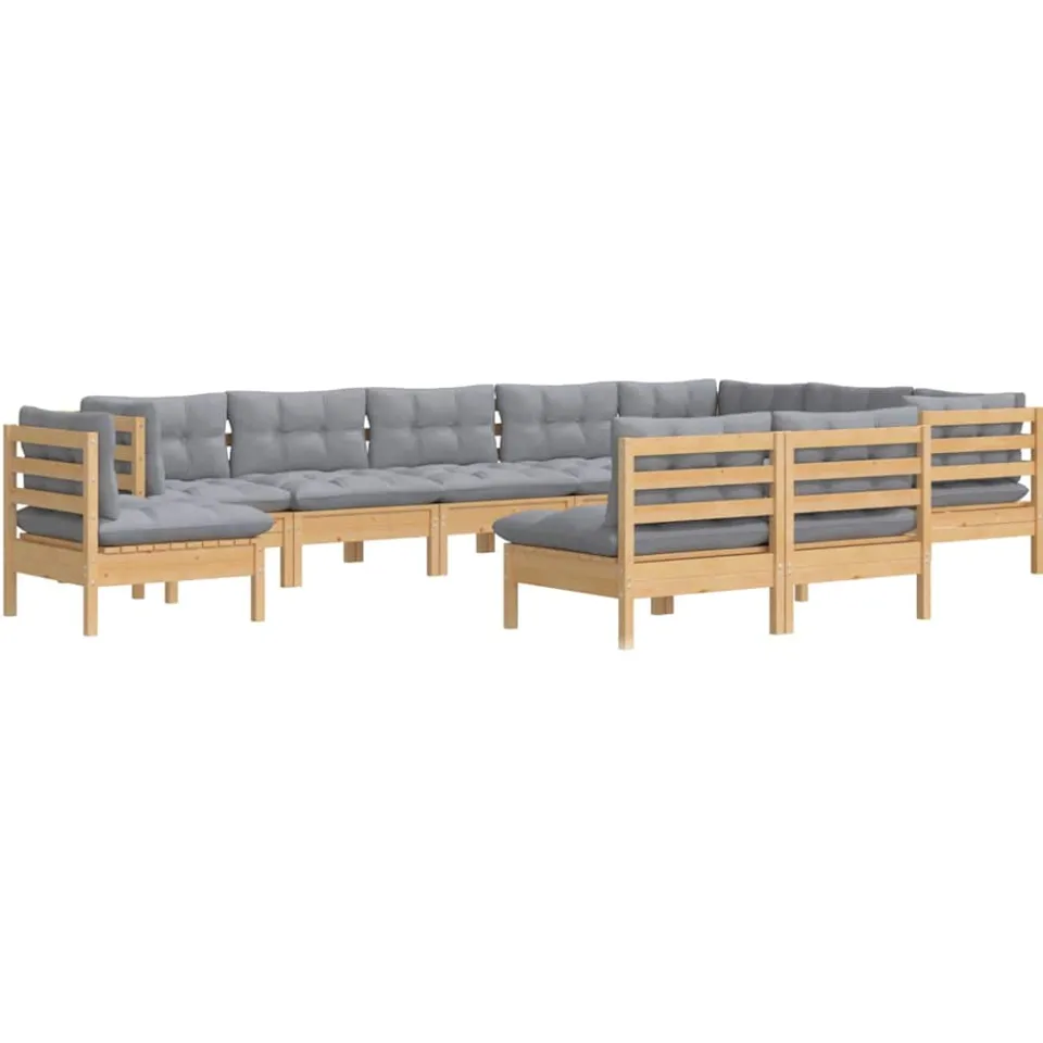 vidaXL 10-delige Loungeset met grijze kussens massief grenenhout Grijs