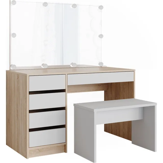 Vicco Kaptafel set met kruk Sherry, Wit/Sonoma, 120 cm met spiegel, LED-lichtslinger en bank