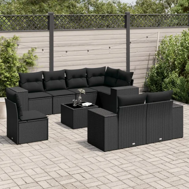 vidaXL 9-delige Loungeset met kussens poly rattan zwart, foto 2