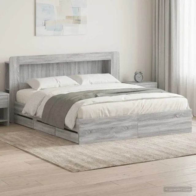 vidaXL Bedframe met opbergruimte en hoofdbord met lade Grijs Sonoma