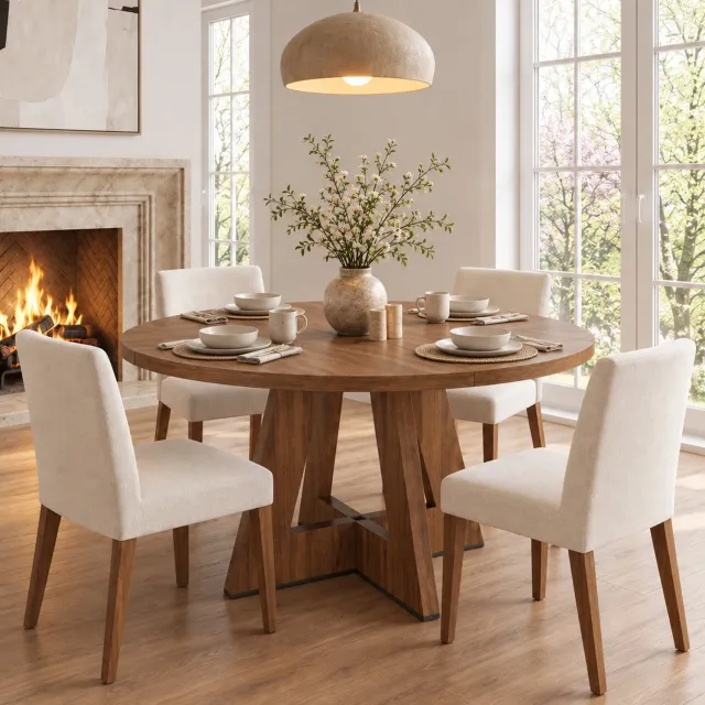 HAUSS SPOLE Eettafel - Rond Tafelblad Voor 4 Tot 6 Personen - Scandinavisch Ontwerp Voor Eetkamer En Woonkamer - MDF - 120x120x75 Cm - Walnootkleur
