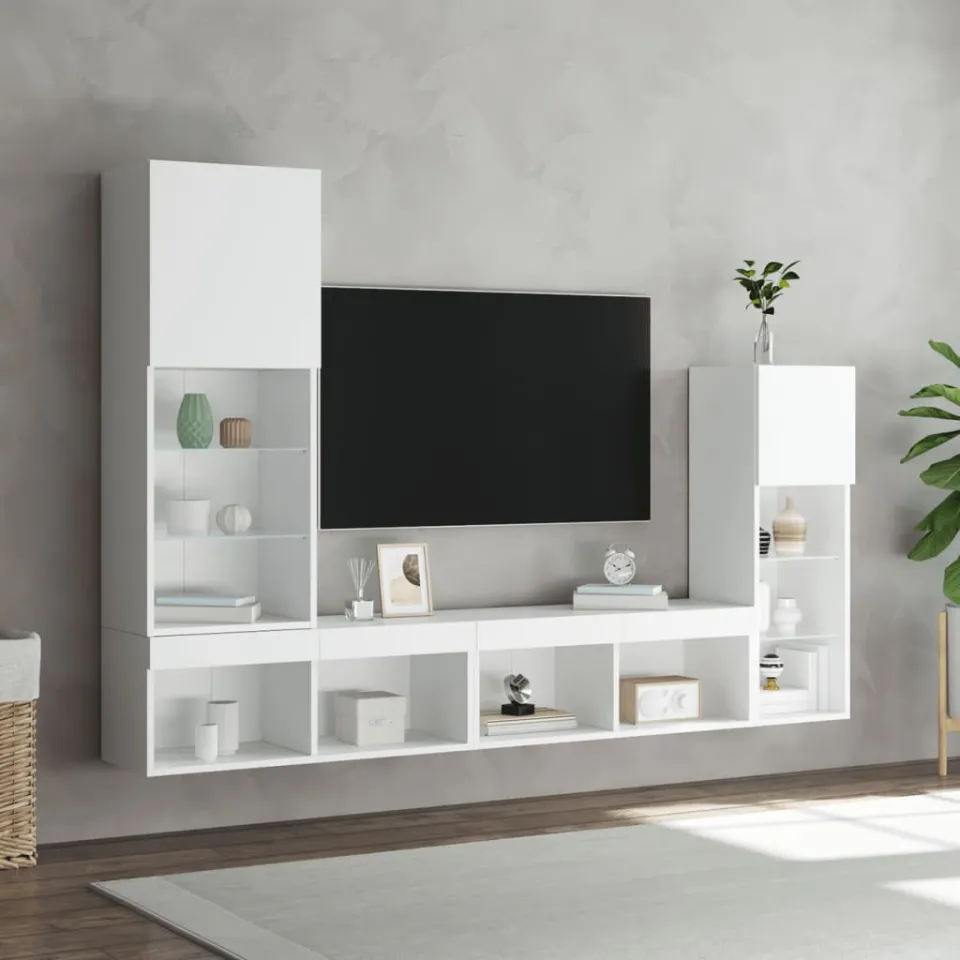vidaXL 4-delige Tv-wandmeubelset met LED-verlichting bewerkt hout wit, foto 3
