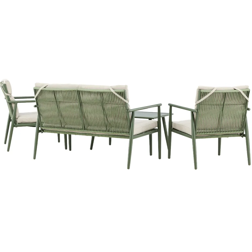 Nest outdoor Margret tuin loungeset groen - tweezits bank, twee fauteuils en een salon tafel - met beige zitkussens, foto 4