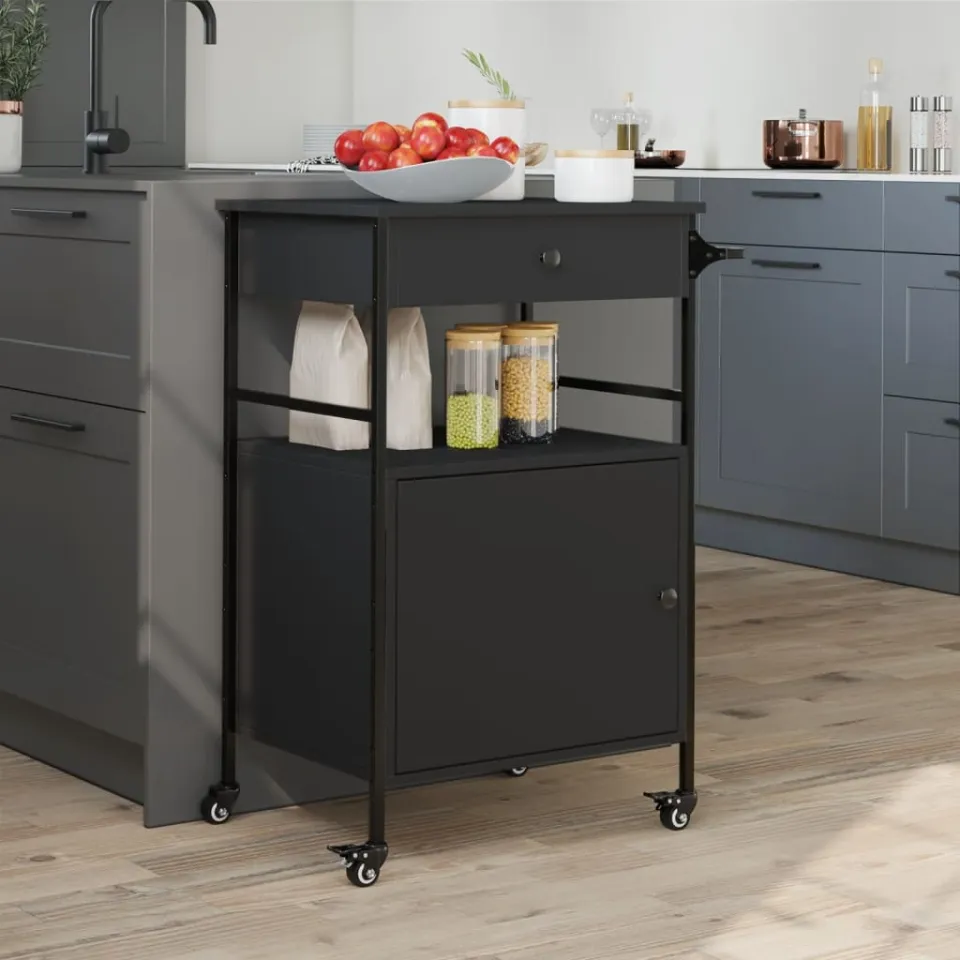 vidaXL Keukentrolley 56x43x89,5 cm bewerkt hout zwart, foto 4
