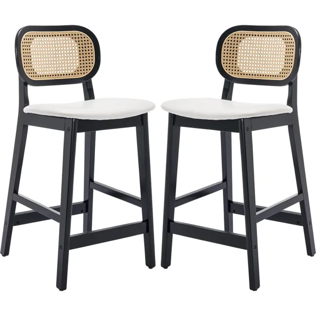 chairus Barkruk Set van 2 Barstoelen - Zwart - Kunstleer - Met Houten Poten en Voetsteun - Gewatteerde zitting - Ratten Rugleuning - Niet Draaibaar - Vaste Hoogte - Armloze Stoelen - Voor Keuken en Bar