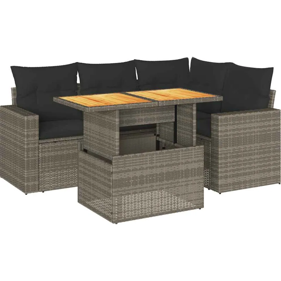 vidaXL 5-delige Loungeset met kussens poly rattan grijs, foto 3
