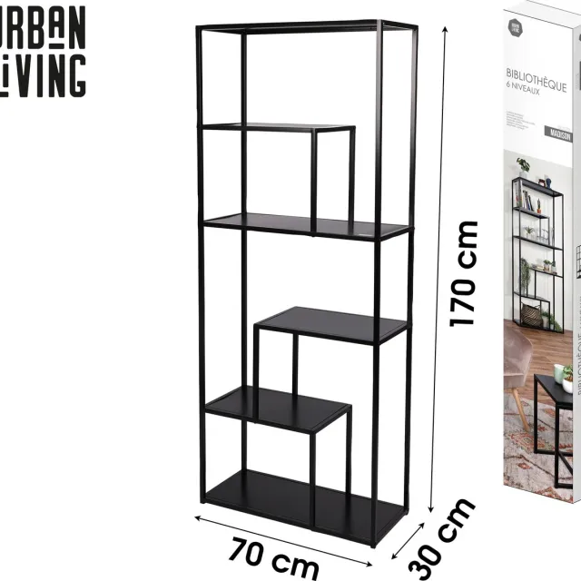 Urban Living "MADISON" Boekenkast met 6 niveaus en zwart metalen frame 70 x 30 x H170 cm