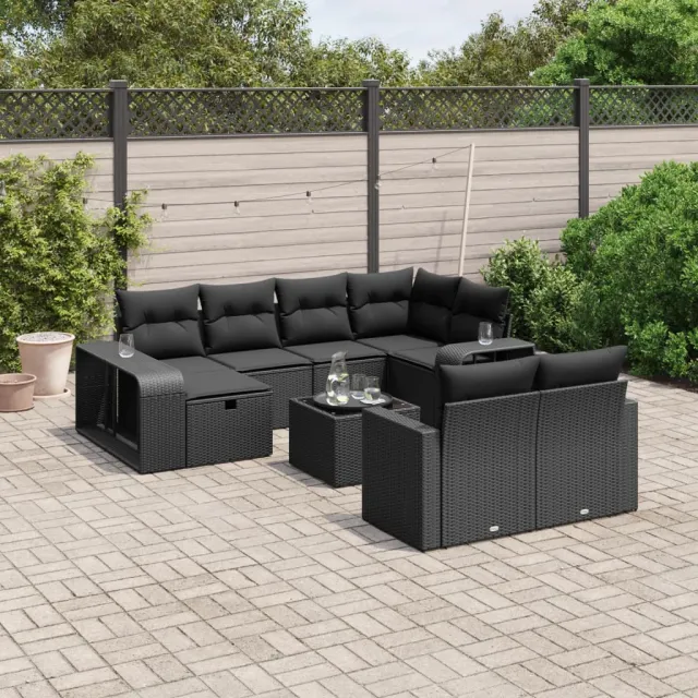 vidaXL 11-delige Loungeset met kussens poly rattan zwart, foto 2