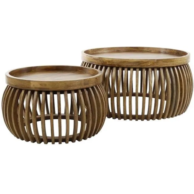 Industrieel In Huis Salontafelset Rond (Set van 2) - Bijzettafels Set van 2 - Salontafel Rond Hout - Bijzettafeltjes Woonkamer - Salon Tafel Mangohout Rond - Salontafel industrieel Landelijk - Tafeltje Set 2 stuks Hout kleurig - 80cm Bruin