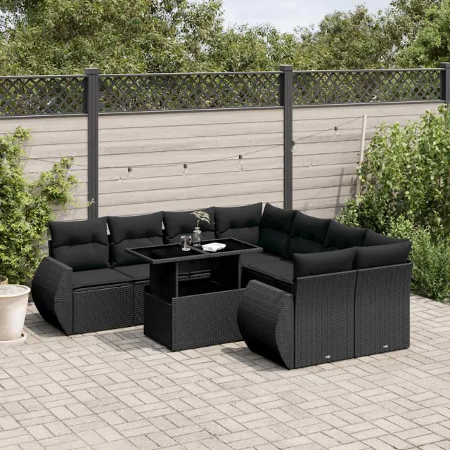vidaXL 9-delige Loungeset met kussens poly rattan zwart, foto 2