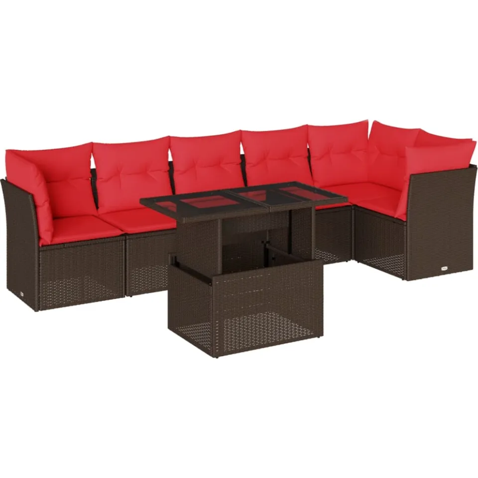 vidaXL 7-delige tuinbankset met kussens, bruin polyrotan