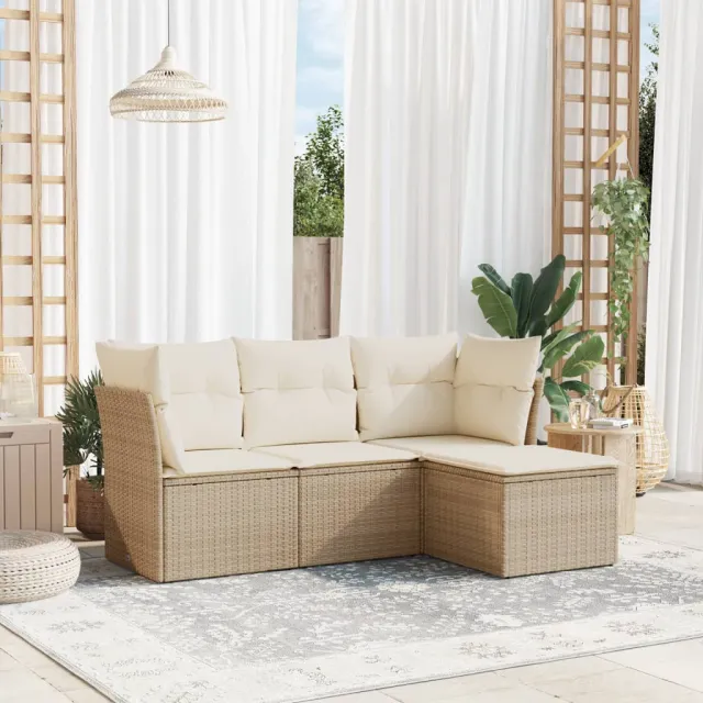 vidaXL 4-delige Loungeset met kussens poly rattan beige, foto 2