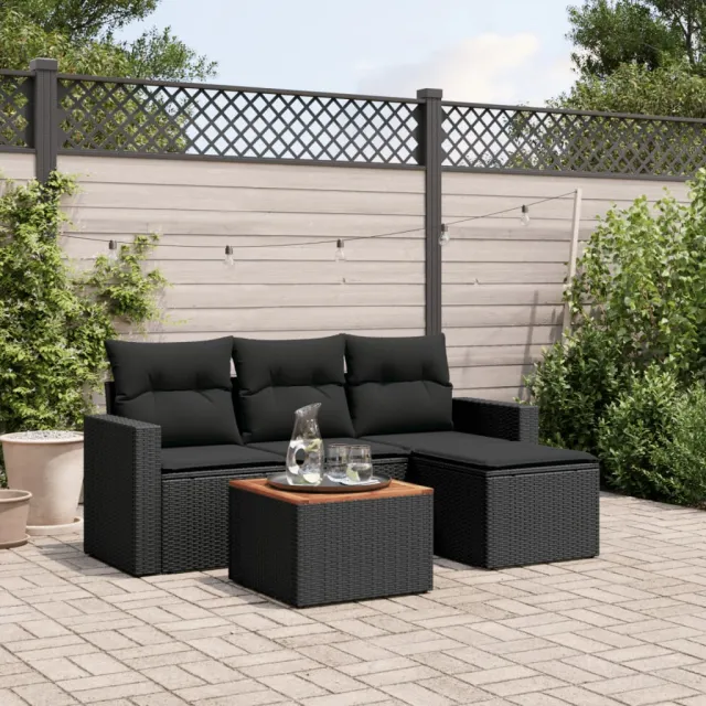 vidaXL 5-delige Loungeset met kussens poly rattan zwart, foto 2
