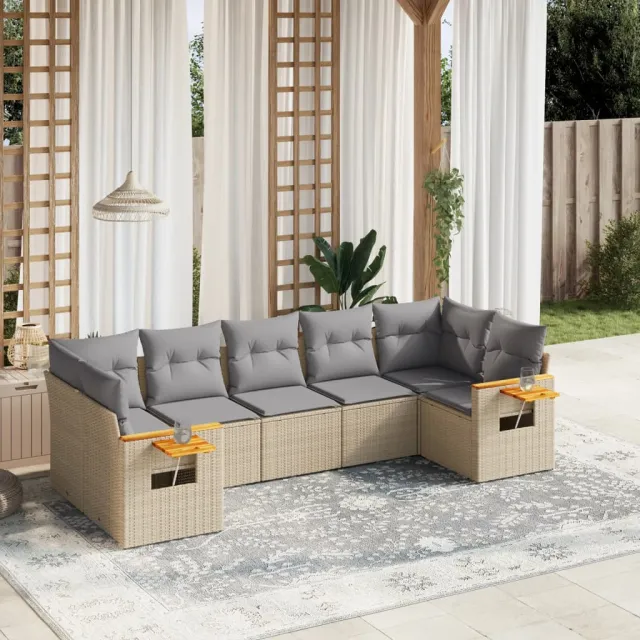 vidaXL 7-delige Loungeset met kussens poly rattan beige, foto 2