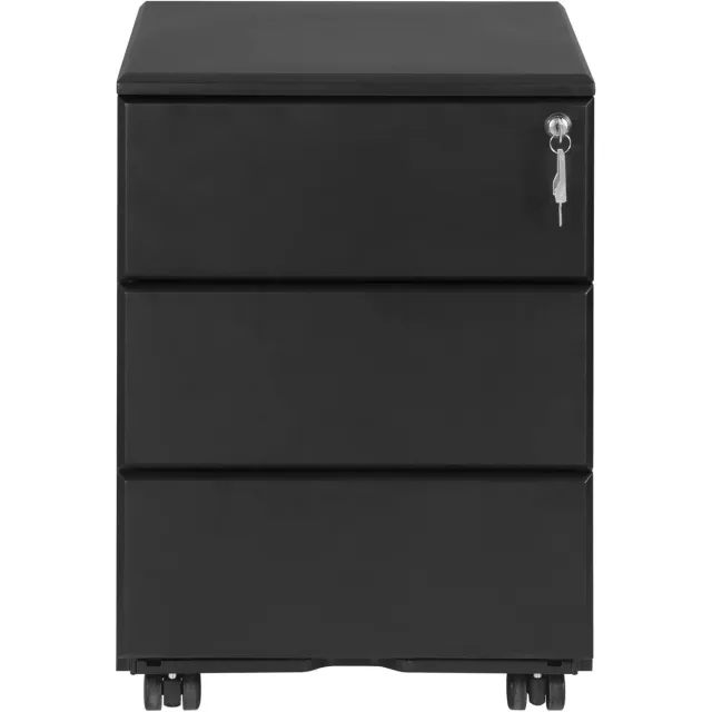 Klarven Filing Cabinet Zwart - 3 Laden op Wielen, Centrale Vergrendeling met Sleutel - Stalen Rolcontainer voor Kantoor en Thuiskantoor - B 52,4 x D 39 x H 54 cm