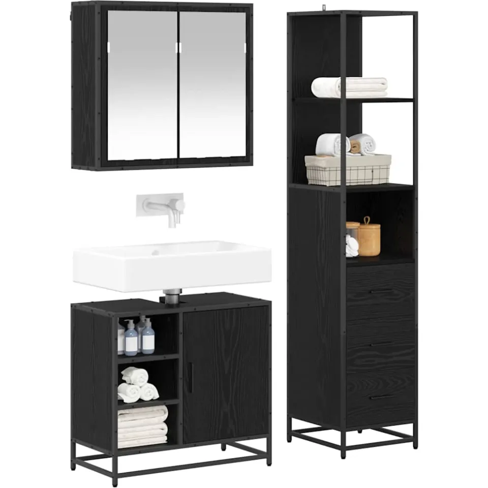 vidaXL Badkamermeubelset 3 st Zwart Eiken 65 x 33 x 60 cm Bewerkt hout