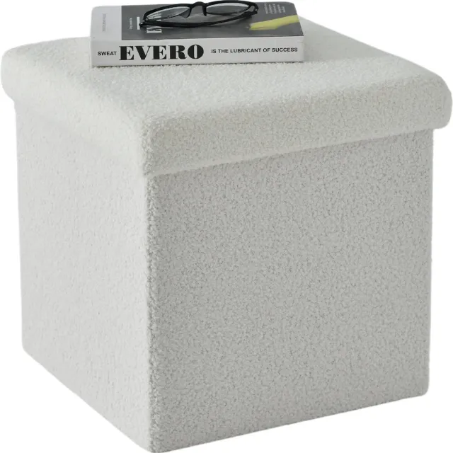 Acaza Poef - Hocker - Opvouwbaar - 38 x 38 x 38 cm - Wit - Teddy Stof - Opberger Teddy Wit