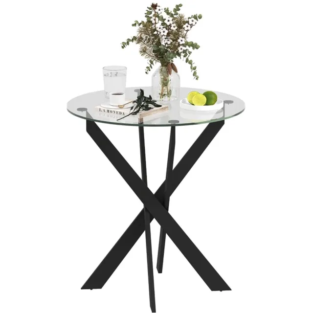 ZYLARO Eettafel - Moderne Glazen Tafel - Diameter 70 cm - Blad Van Gehard Glas - Metalen Poten - Voor 4 Personen zwart + transparant