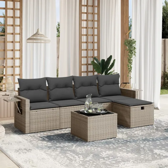 vidaXL 6-delige Loungeset met kussens poly rattan grijs, foto 2